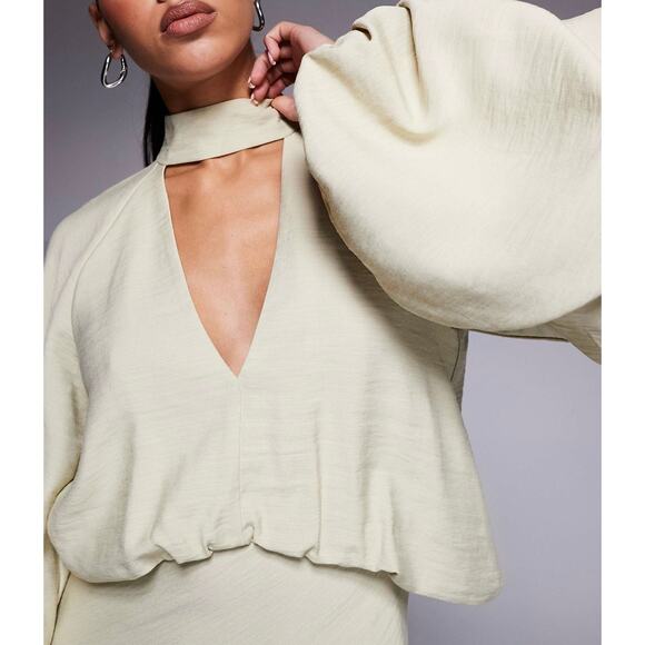 NWOT Asos Designs Size 12 High Neck Plunge Maxi Dress Blouson Sleeves Soft Green - Picture 2 of 13